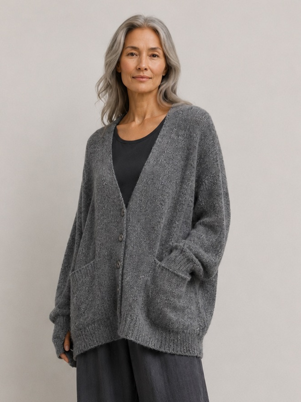 Eileen Fisher Oversized Alpaca Wool Blend Cardigan Sweater XXS Gray Pockets